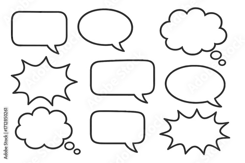 Speech and thought bubbles set in various shapes for creative design and communication, cartoon vector illustrations with transparent background, ordered collection for dialogues and messages