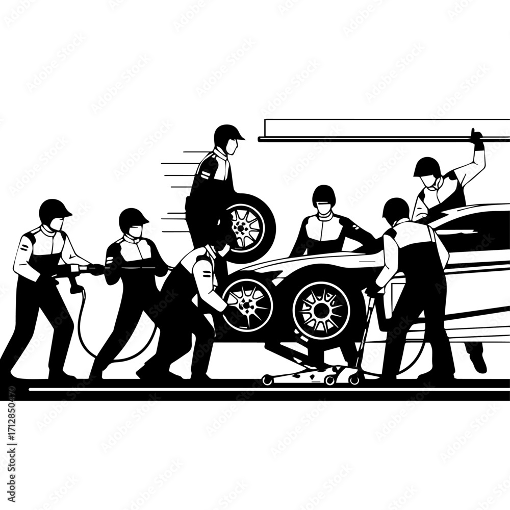 Obraz premium Silhouette of a Race Car and Pit Crew Performing Tire Change During a Race.