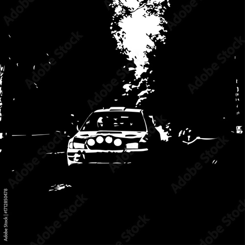 Silhouette of a Rally Car with Bright Headlights and Smoke in Dark Environment.