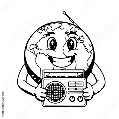 Smiling Earth Cartoon Character Holding Vintage Radio Broadcasting Worldwide Signals.