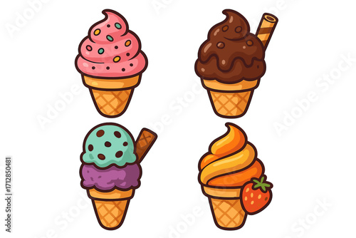 Unique and colorful ice cream cone illustrations featuring various flavors and toppings in playful cartoon style, vector dessert icons, summer treat graphics with transparent background