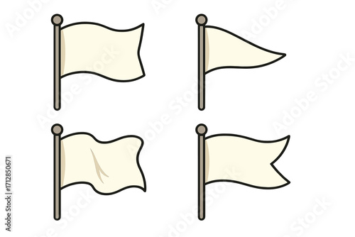 Unique flag designs with waving patterns on simple rods, showcasing diverse styles and shapes of flags, cartoon vector illustration with transparent background for versatile use