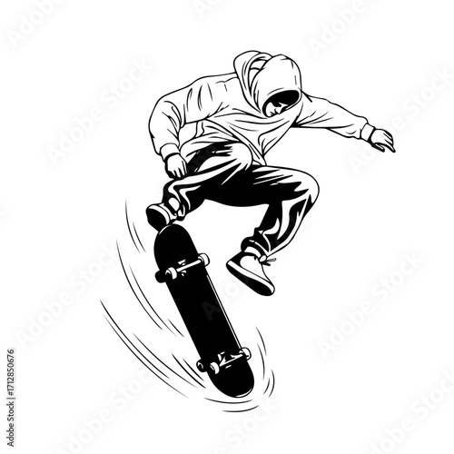 Silhouette of a Skateboarder Performing an Aerial Trick with Hoodie and Board.
