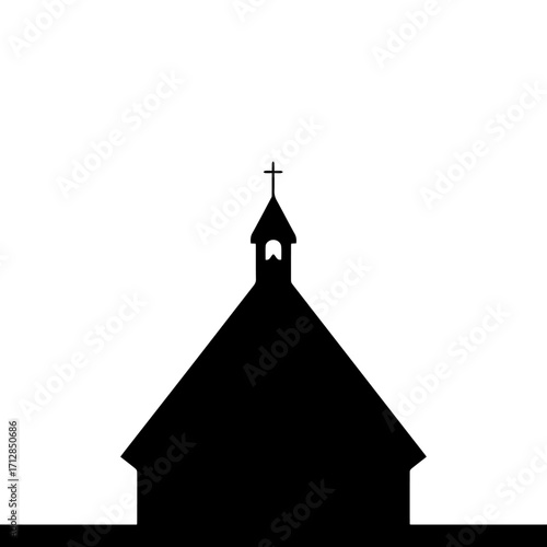 Silhouette of a Simple Church Building with Cross on Top Black and White.