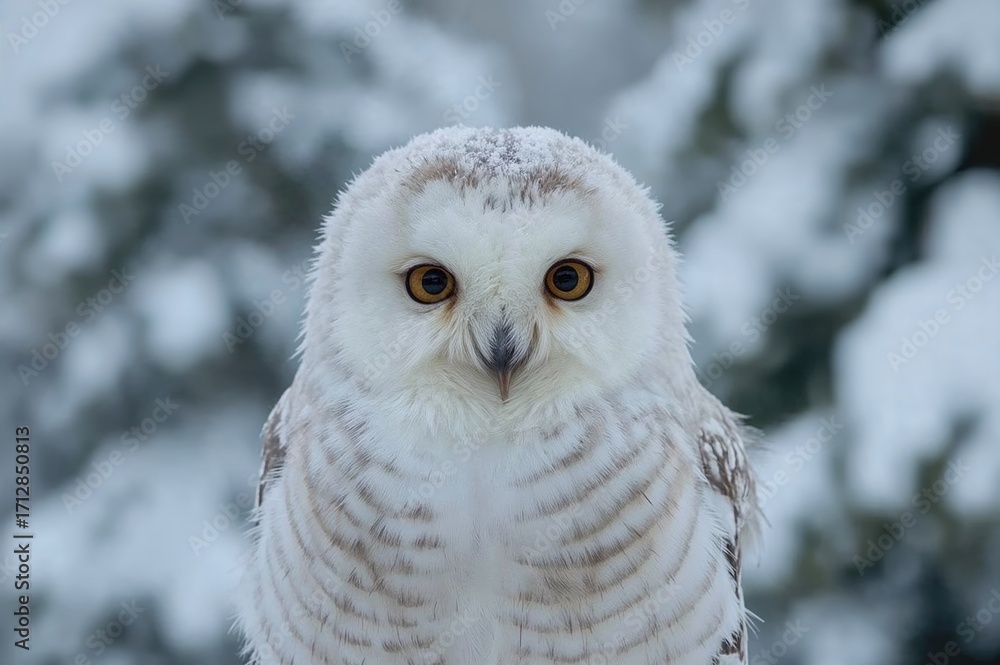 Obraz premium Close-up of an adorable fluffy white owl chick in a snowy natural setting