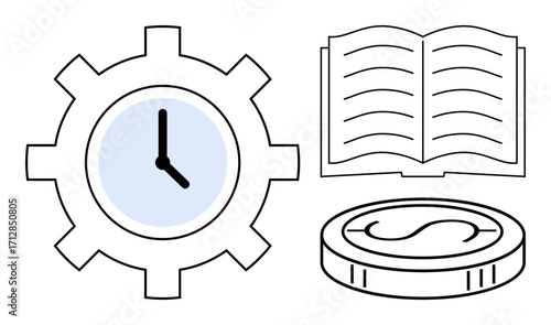 Gear with clock, open book, coin highlight time management, knowledge, productivity, and value. Ideal for education, business efficiency planning budgeting training. Modern simple flat metaphor