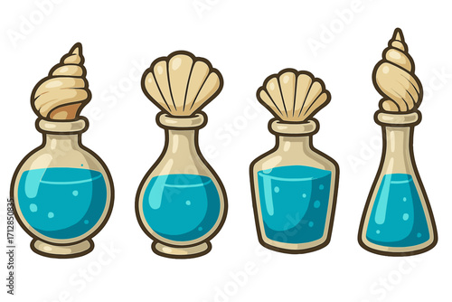 Unique fantasy potion bottles with seashell stoppers and vibrant blue liquid, magical elixirs, fantasy art design, cartoon style vector illustration, transparent background