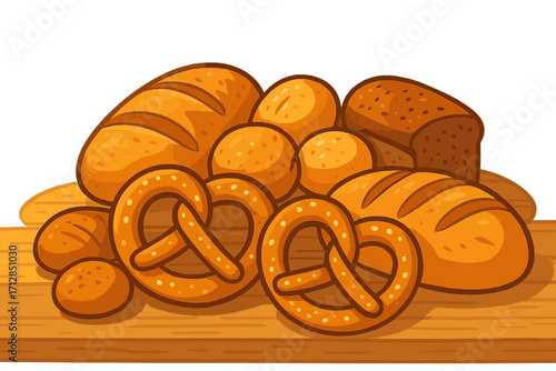 Variety of fresh baked bread assortment with soft rolls, salty pretzels, crusty loaves, bakery showcase, morning light, delicious vector cartoon illustration