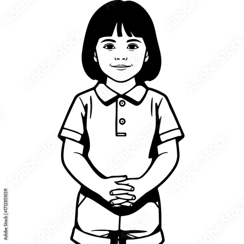 Smiling Young Girl in Polo Shirt and Shorts Hands Clasped Black and White.