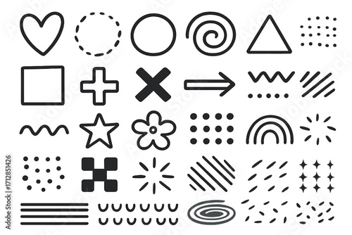 Variety of hand-drawn shapes and patterns including hearts, stars, spirals, arrows, dots, lines, flowers and geometric forms for artistic design and creative inspiration vector illustration