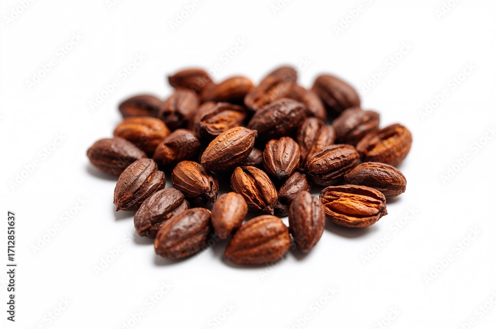 Naklejka premium Cocoa beans used as a raw material for chocolate production, displayed on a white backdrop