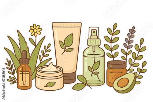 Natural skincare products with herbs and flowers. Organic cosmetic cream jars, essential oil dropper bottle, spray bottle, avocado and floral elements. Minimalist botanical beauty vector illustration.