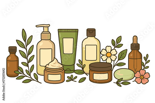 Variety of natural skincare products with plants and flowers in minimalistic style, natural cosmetic containers, creams, serums, lotion tubes, jars, organic beauty care illustration