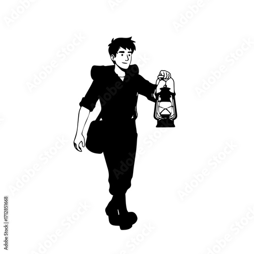 Silhouette of a Young Man Holding a Lantern Cartoon Style Black and White.