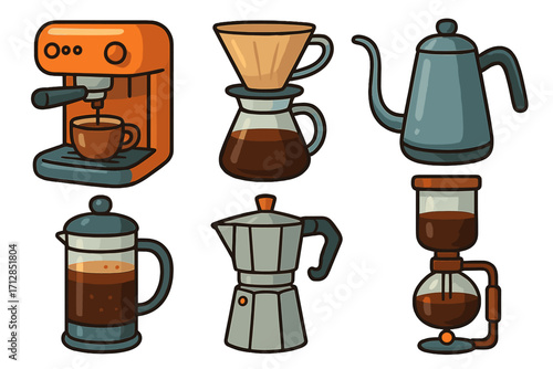 Various coffee brewing methods colorful modern vector illustrations set. Espresso machine, pour-over, kettle, French press, moka pot, siphon coffee maker. Coffee equipment brewing tools