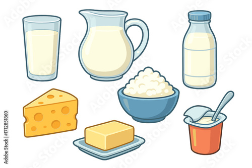 Various dairy products collection with milk, cheese, butter, yogurt, and cottage cheese in cartoon style, vector illustration, healthy food set, transparent background
