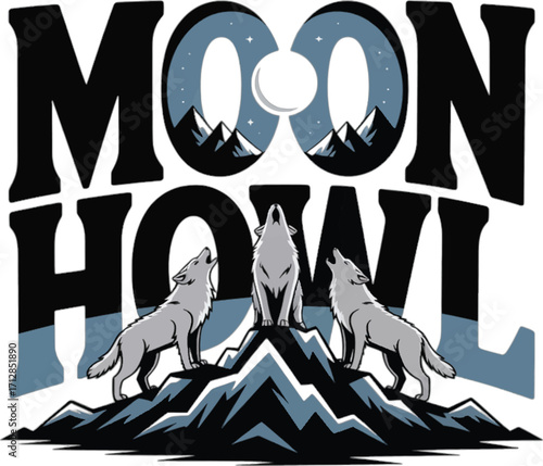 Gray Wolves Howling at Moonlight Mountains