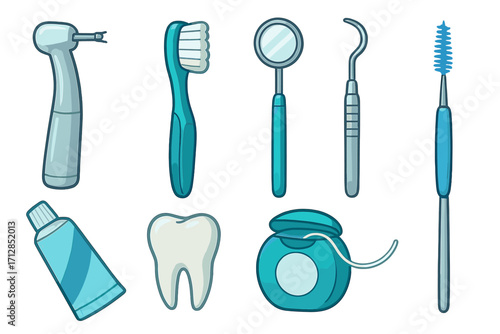 Various dental tools for oral hygiene and care in modern dental clinic, vector illustration, dental drill, toothbrush, mirror, scaler, floss, toothpaste, tooth, interdental brush