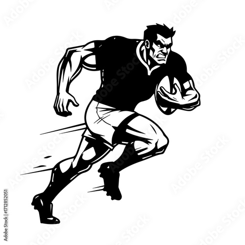Strong Rugby Player Running with Ball Aggressive Expression Vector Illustration.