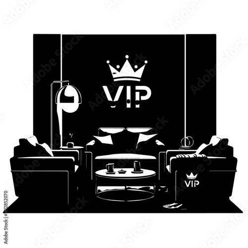 Stylish black and white graphic of a VIP lounge with a sofa armchairs and a prominent crown logo.