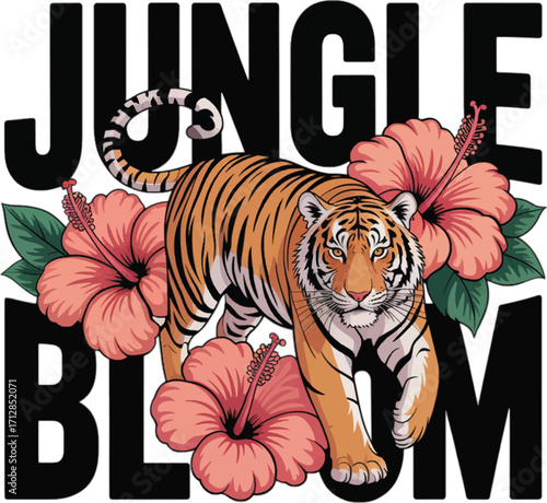 Tiger and Hibiscus Flowers Jungle Bloom Illustration big cat feline