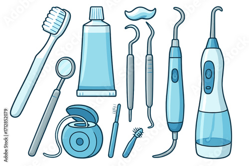 Various dental tools for effective oral hygiene and care, modern dental clinic set, toothbrush, toothpaste, dental mirror, floss, scaler, interdental brushes, dental picks, vector cartoon illustration