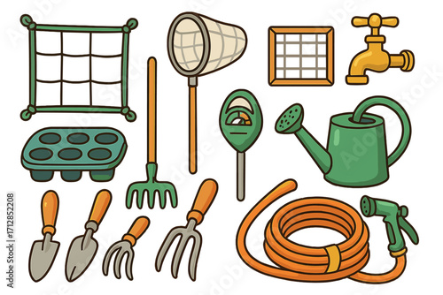Various gardening tools and equipment collection including nets, gauges, watering can, hose, trowels, rake, and faucet. Vector cartoon illustration of garden supplies for planting and outdoor work