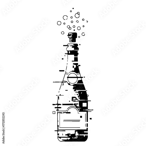 Stylized Black and White Champagne Bottle with Glitch Effect and Bubbles.