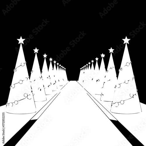 Stylized Black and White Christmas Trees Lined Up in Perspective View.