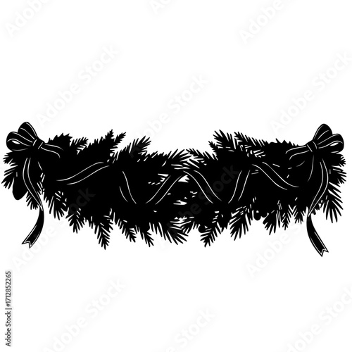 Silhouette of Festive Christmas Garland with Bows and Evergreen Branches.