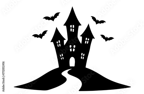 Haunted House Silhouette with Flying Bats on White Background