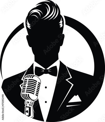 Singer silhouette in tuxedo with vintage microphone, jazz vocalist vector, retro concert, karaoke and music club illustration