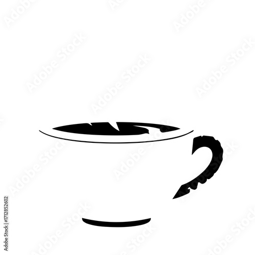 Stylized black and white graphic illustration of a coffee cup with a decorative handle and dark liquid.