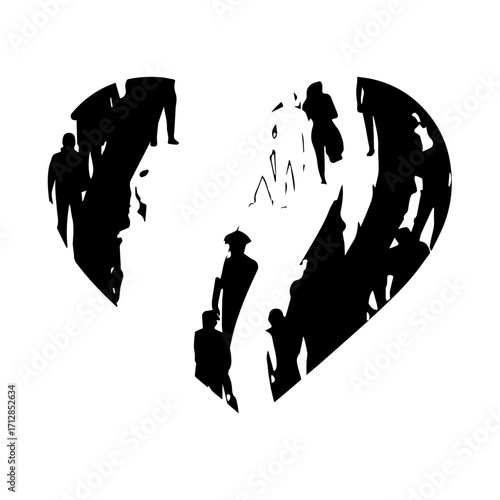 Silhouette of People Inside a Broken Heart Symbolizing Loss and Division.