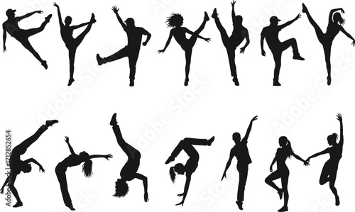 Silhouette dancers in dynamic poses, ballet and contemporary styles, expressive movement, elegant choreography, vector illustration for dance, performance, and art themes