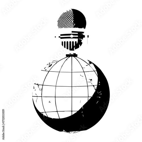 Stylized Black and White Microphone Above Globe Representing Global Broadcasting.