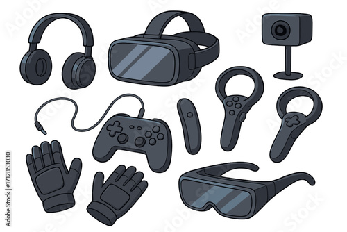 Virtual reality equipment set with VR headset, controllers, gloves, gaming pad, smart glasses, headphones, and camera for immersive digital experiences technology vector cartoon