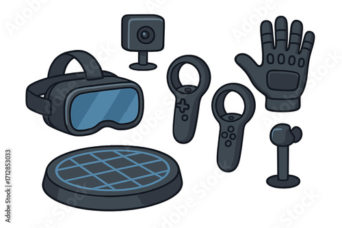 Virtual reality equipment showcasing VR headset, motion controllers, tracking sensors, haptic glove, and base station for immersive experiences in technology and gaming, vector cartoon illustration