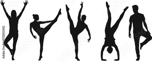 Silhouette dancers, gymnastic poses, flexible body movement, black vector figures, balance and strength, fitness illustration, isolated on white background, stock art