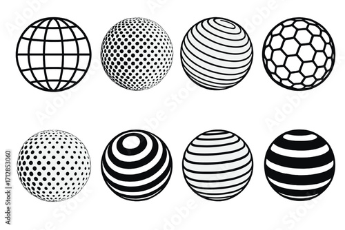 Vector set of black and white geometric spherical shapes with grid, dotted, striped, and hexagonal patterns showcasing diverse 3D round designs and abstract ball illustrations