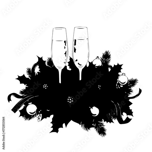 Silhouette of Two Champagne Flutes with Festive Christmas Decorations.