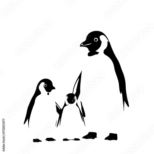 Stylized Black and White Penguin Family Standing Together in Profile.