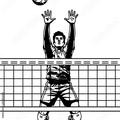 Silhouette of Volleyball Player Spiking Ball Over Net in Action.