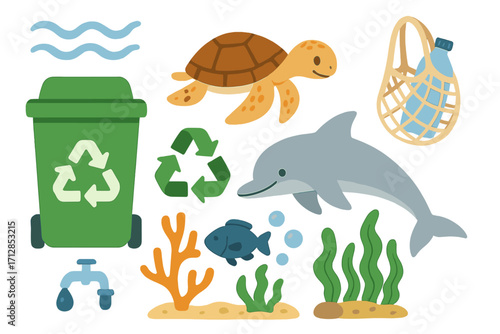 Environmental ocean wildlife and recycling awareness concept with dolphin, turtle, fish, coral, seaweed, water conservation, eco-friendly bag, and green recycle bin vector cartoon illustration