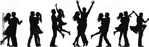 Silhouette dancing couples vector, romantic dance poses, partner choreography illustration, ballroom movement art, black silhouette dancers, elegant couple performance, dance-themed graphic
