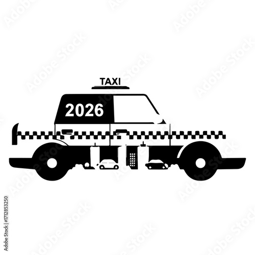 Stylized Black and White Taxi Silhouette with 2026 Composed of Smaller Vehicle Shapes.
