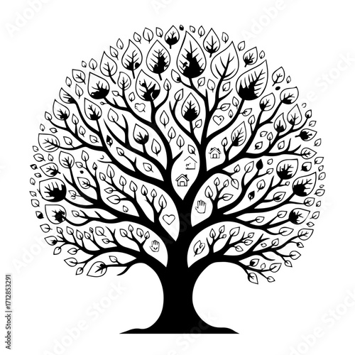 Stylized black and white tree of life with intricate leaves containing houses and forests.