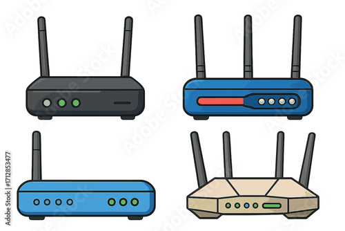 Wireless routers in various modern designs and colors, network devices with antennas, internet connectivity technology, vector cartoon illustration with transparent background