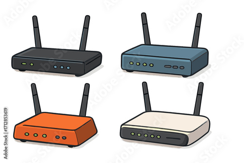 Wireless routers in various colors and designs, technology network devices with antennas, internet connectivity equipment, digital communication, vector cartoon illustration, transparent background