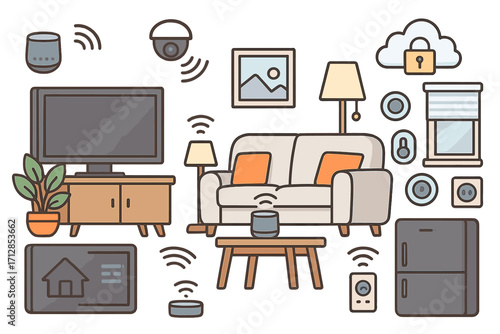Smart home devices and automated living technology in modern interior with smart TV, security camera, voice assistant, smart lighting, thermostat, and appliance control vector illustration